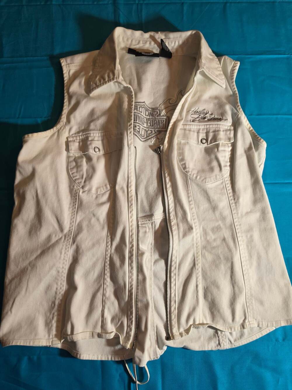 Harley Davidson Women's White Denim Zip Up Vest with Embroidered Wing Logo